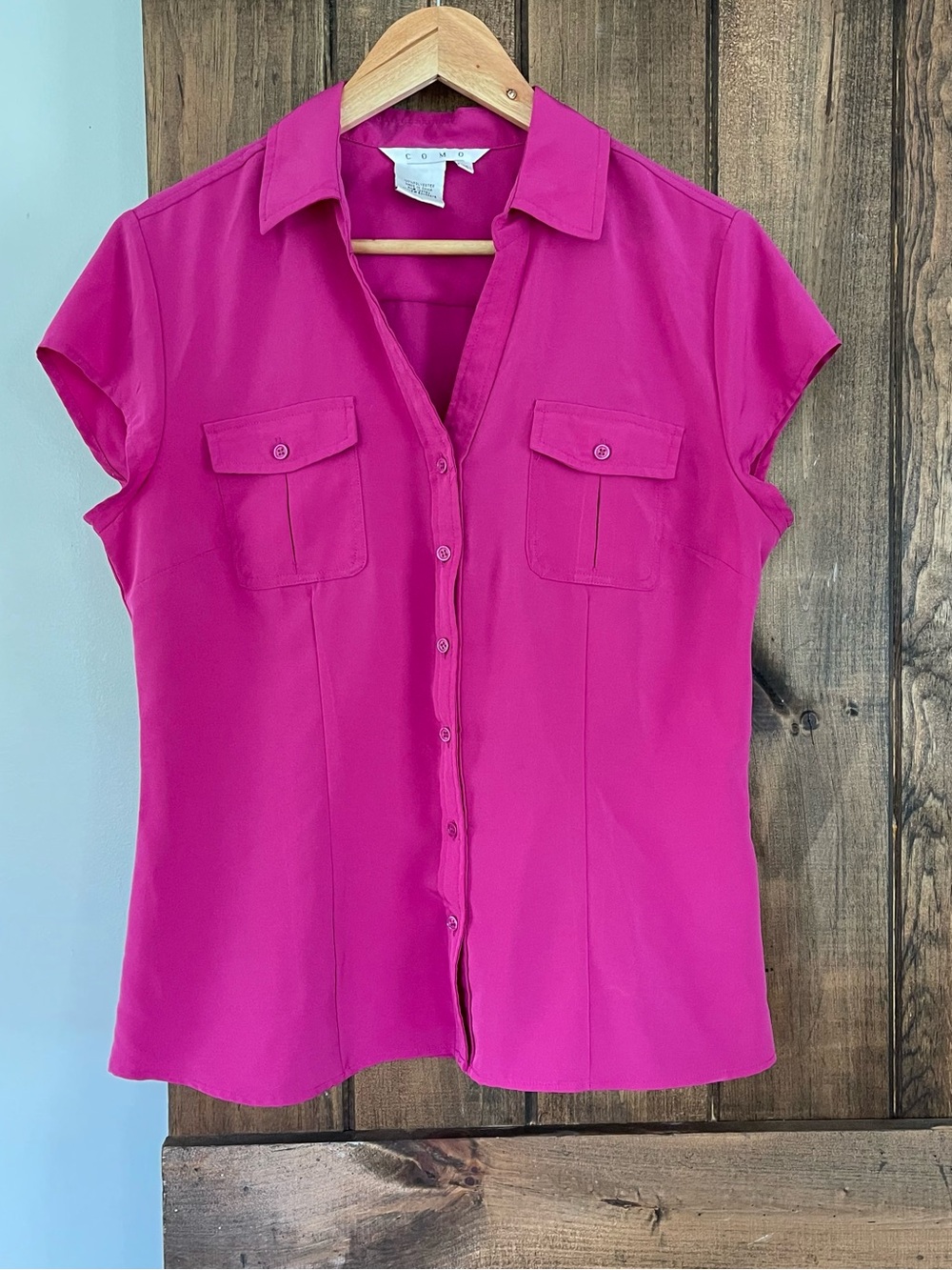 Como Pink Collared Button Down Short Sleeve Chest Pocket Blouse Medium